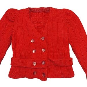 Vintage Handknit Handmade Red Cardigan Sweater Child Size Great Condition